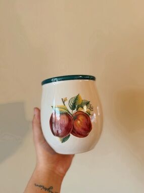 Hand-Painted Peach Ceramic Vase in Cream and Green